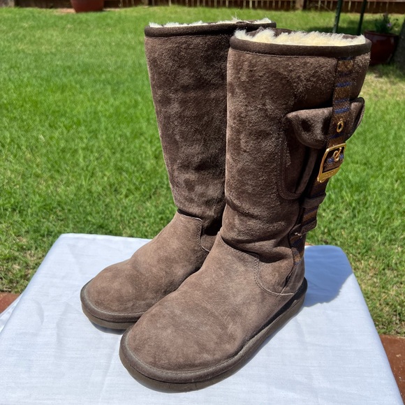 Brown UGG cargo boots tall zip suede sheepskin